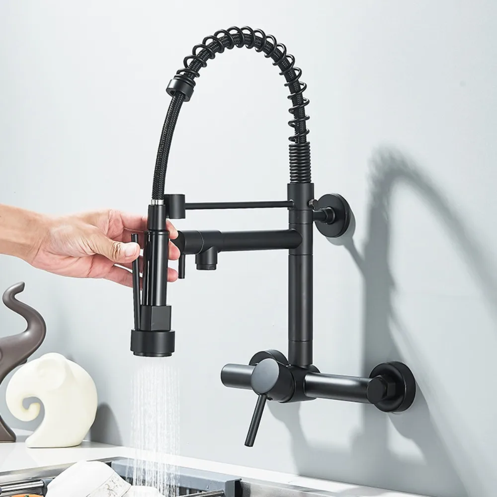 Black Kitchen Faucet Wall Mounted Single Handle Hot Cold Water Kitchen Mixer Tap Dual Swivel Spout Spring Pull Down Faucets