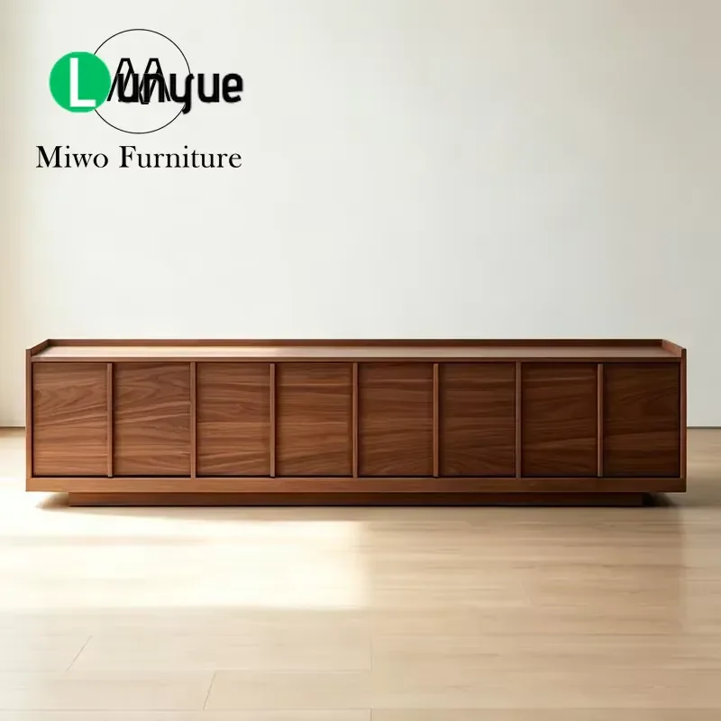Modern Walnut Solid Wood TV Cabinet with Grid Panel Sliding Door Low Media Console for Living Room Storage Furniture