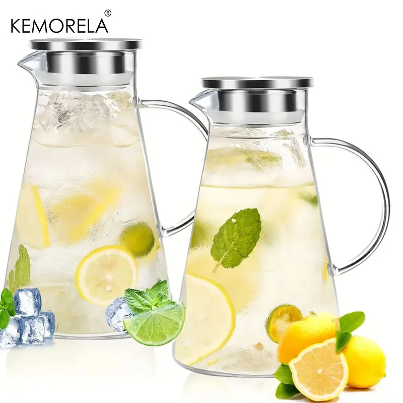 

KEMORELA 2PCS 2L High Borosilicate Glass With Lid Large Capacity Water Bottles,Hot Cold Drinks,Dishwashable ,Heat Resistant
