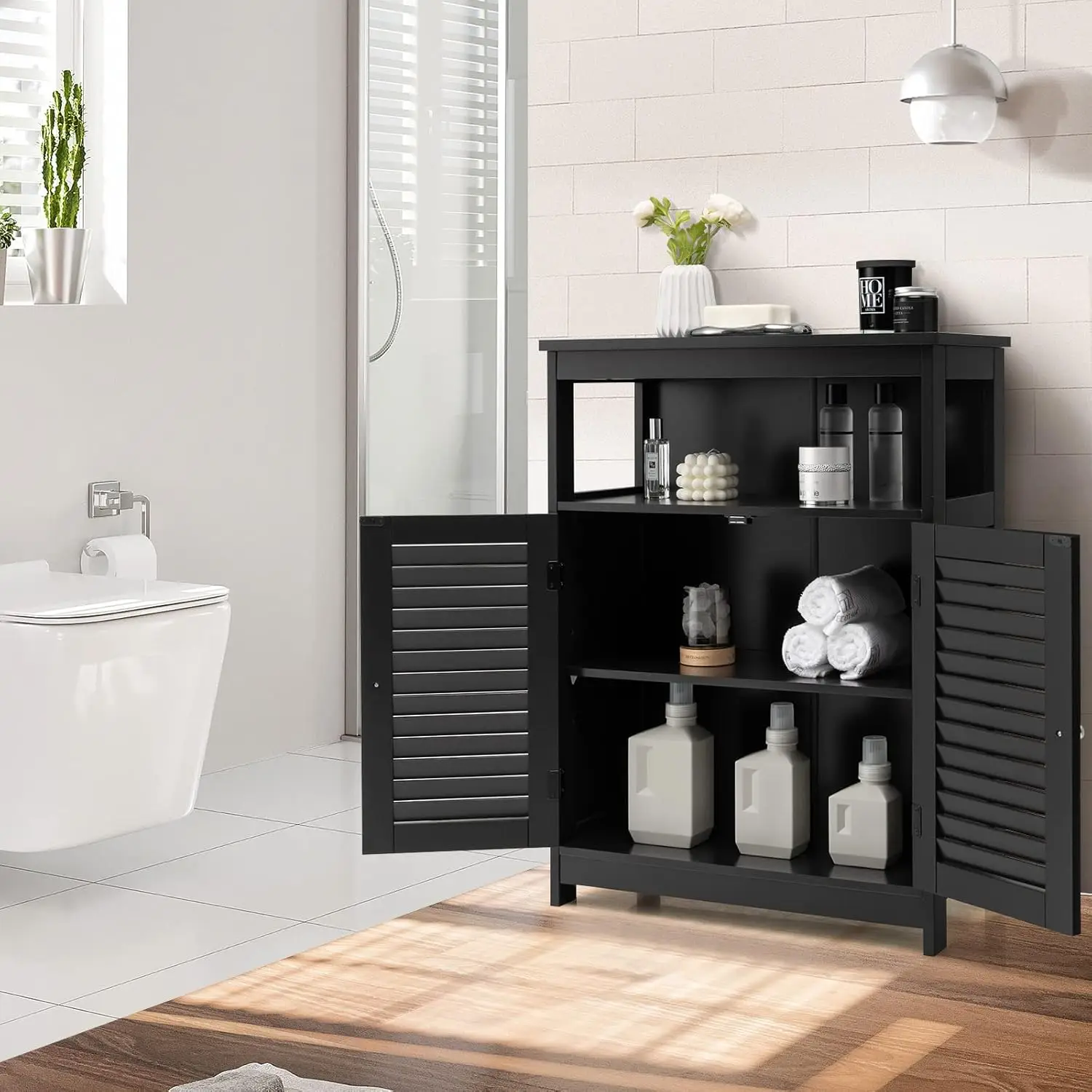 

Wooden Bathroom Floor Storage Cabinet with Double Shutter Doors&3-Position Adjustable Shelf,Side Storage Organizer Cabinet