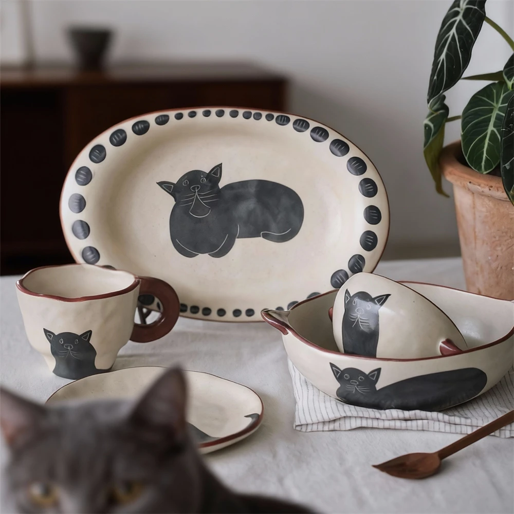 

Matte Ceramic Tableware Fish Oval Dessert Kitchen Accessories Spaghetti Pizza Cartoon Cat Printed Cup And Saucer Plate Tableware