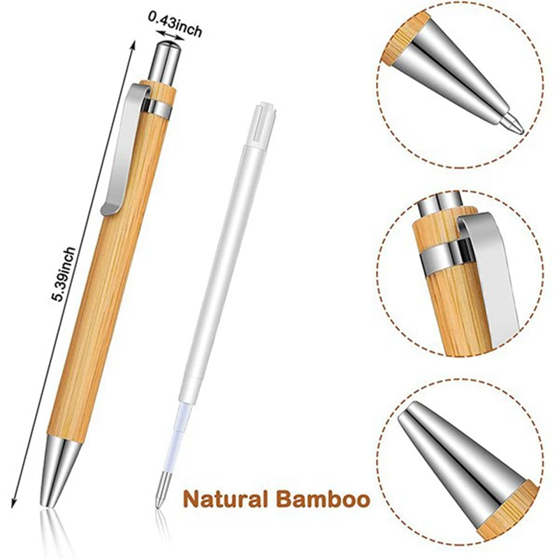 Bamboo Pens For Engraving Set Wood Retractable Bamboo Pen With Extra Black Ink Refills Ballpoint Pen Journaling Pen