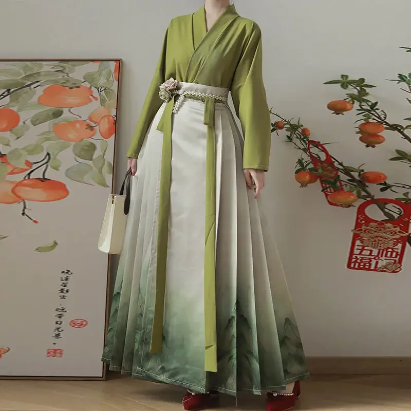 

Traditional Chinese Women Clothing Green Long Sleeved Top White Mountain Peak Print Horse Faced Skirt Hanfu Suit Party Costumes