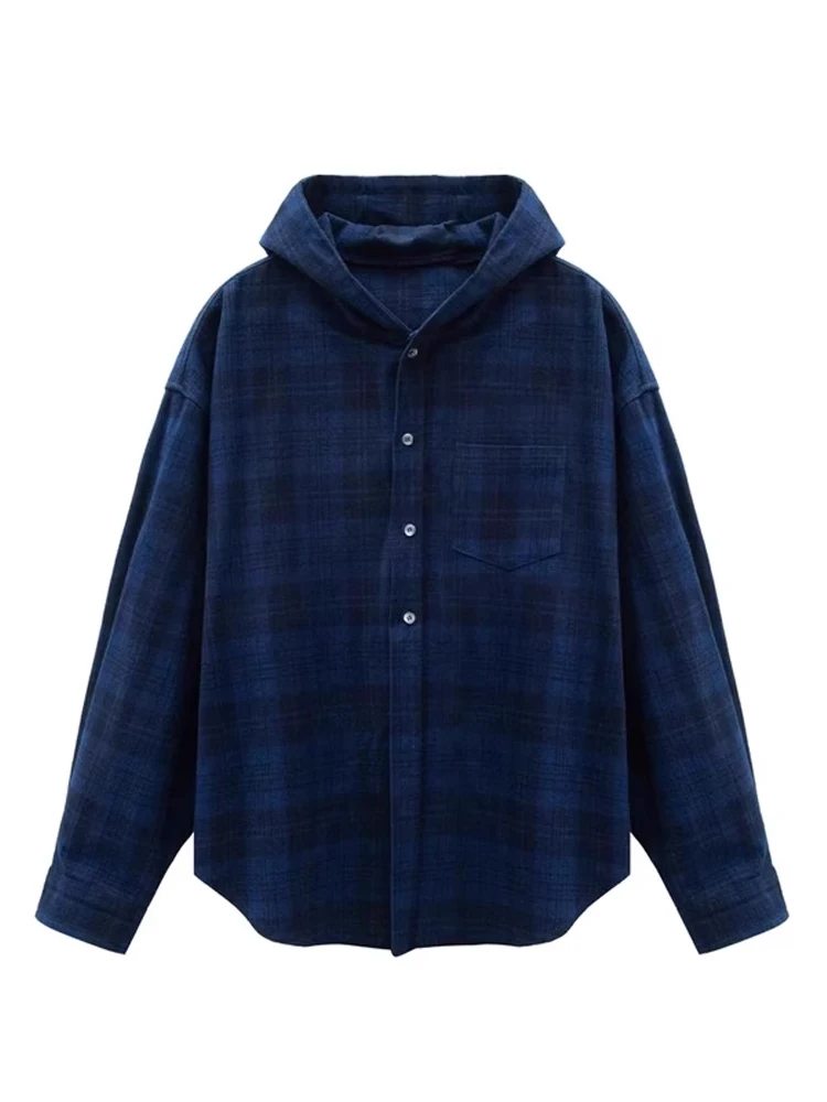 

Deep Blue Brued Hooded Plaid irt Long Sve Thin Outerwear for Men Retro American Sle Couple's irt Spring Season