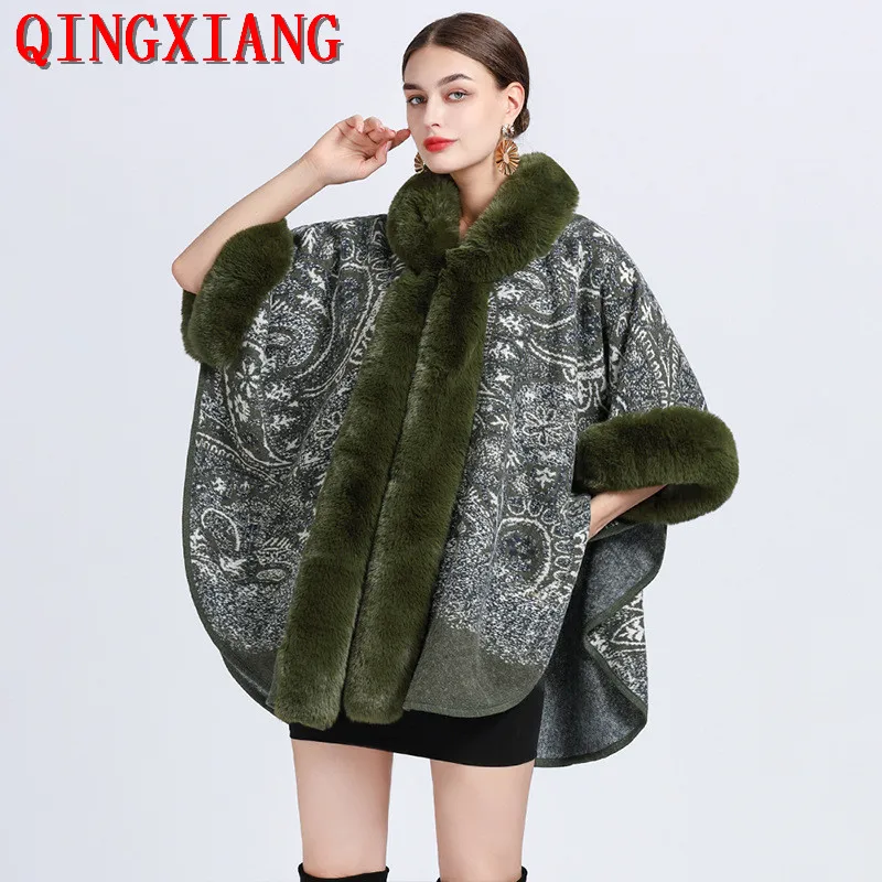 6 Colors Winter Warm Coat Women Hairy Wool Cardigan Faux Fox Fur Collar Cape Printed Poncho Overcoat With Batwing Sleeves Hat