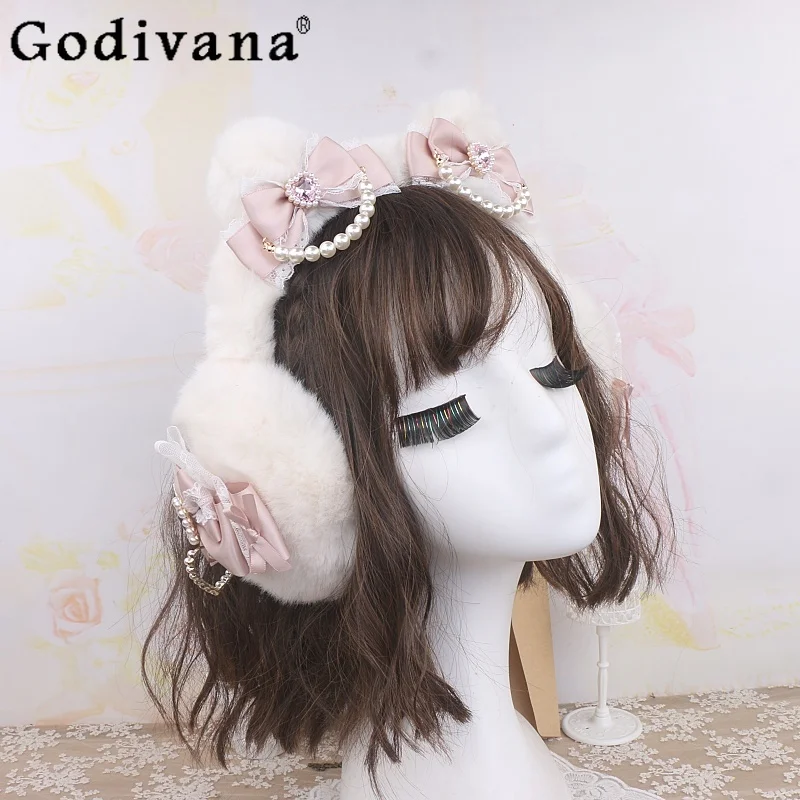 

Оригинальные милые наушники в стиле Лолиты ручной работы, новинка зимы 2025, милые японские наушники с бантом и жемчужной цепочкой для милых девушек, наушники для тяжелой промышленности