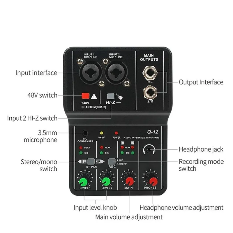 Q-12 kartu suara Mixer portabel, kartu suara Mixer portabel profesional dengan Monitor gitar listrik rekaman siaran langsung untuk Studio bernyanyi komputer PC