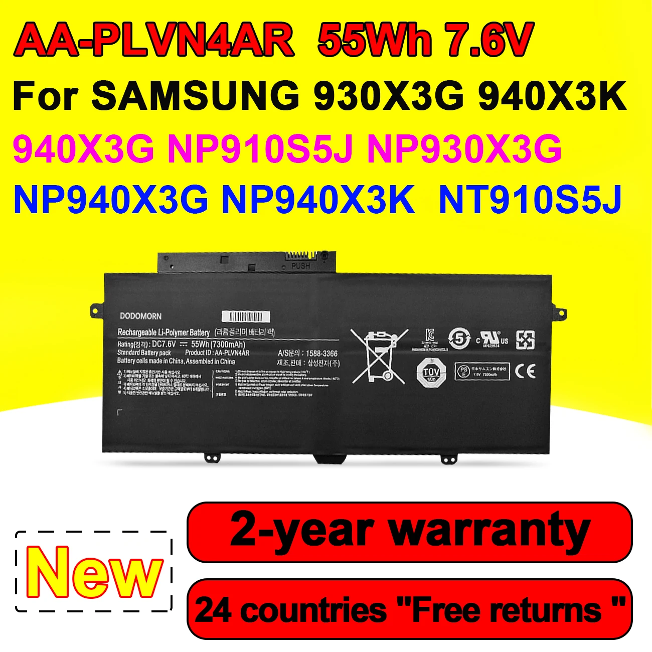 AA-PLVN4AR For SAMSUNG 940X3G 940X3K NP940X3G NP940X3K NT930X3G NP910S5J NT910S5 Series Laptop Battery 7.6V 55Wh 7300mAh