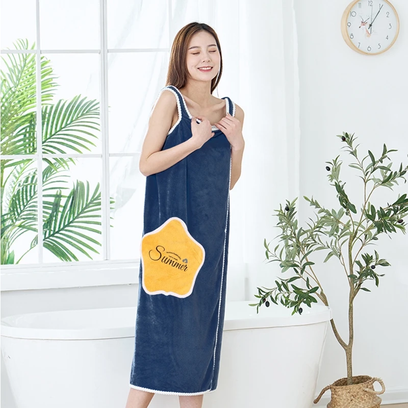 Women Coral Wearable Bath Wrap Towel with Straps Star Pocket Quick Dry Bathrobe Cover Up Absorbent Shower Blanket