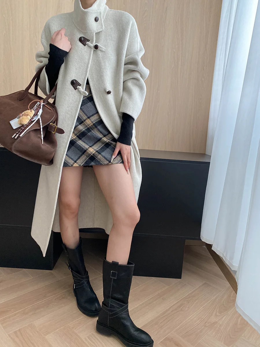 สไตล์ขั้นสูงและสบายๆ ปกเสื้อแบบวินเทจ เสื้อโค้ทขนสัตว์สองด้าน แจ็คเก็ต