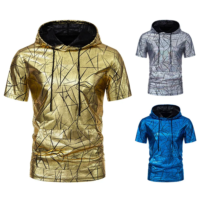 Summer New Men's Short Sleeved T-shirt Hooded Hot Gold Solid Color Short Sleeved T-shirt Trendy Men