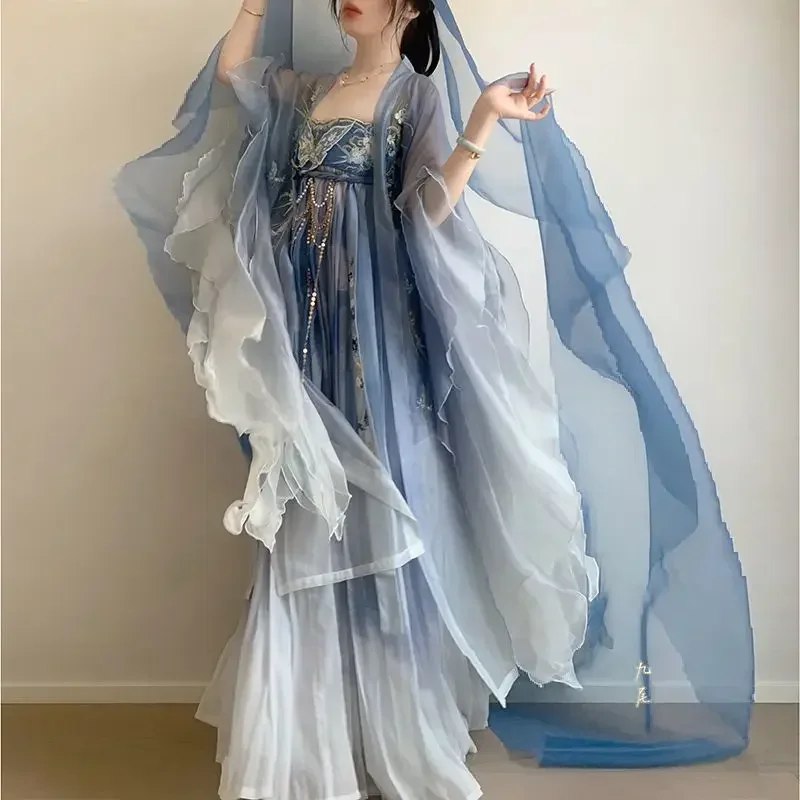 Ricamo da donna blu Hanfu stile tradizionale cinese girocollo robe girl primavera ed estate nuovo abito da prestazione per adulti