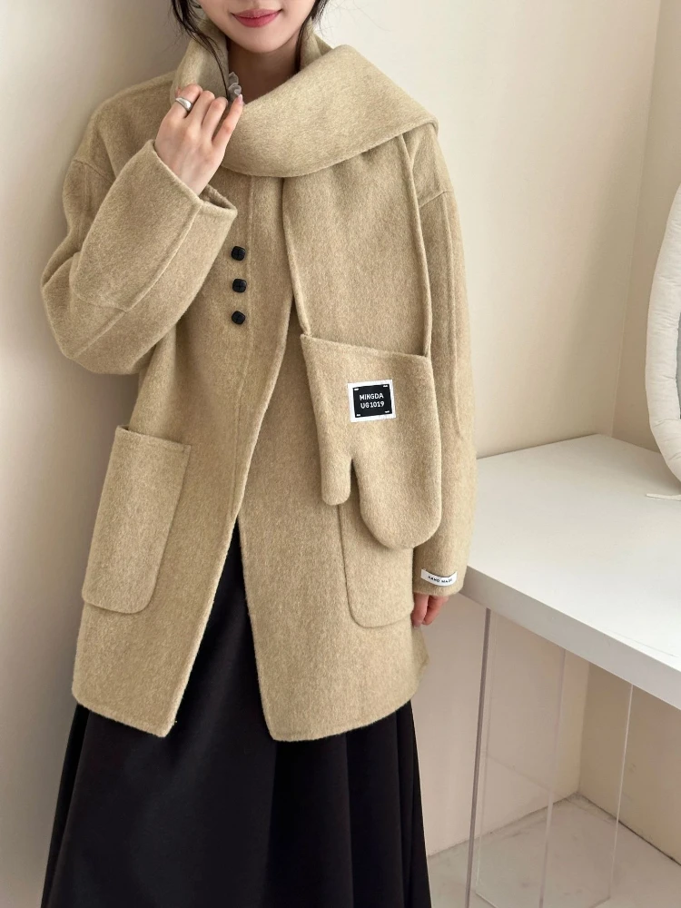 

2025New Double-Sided Wool Coat Women Fall/Winter Scarf Gloves Design College Wind Parkas Loose Casual Mid-Length Woolen Overcoat