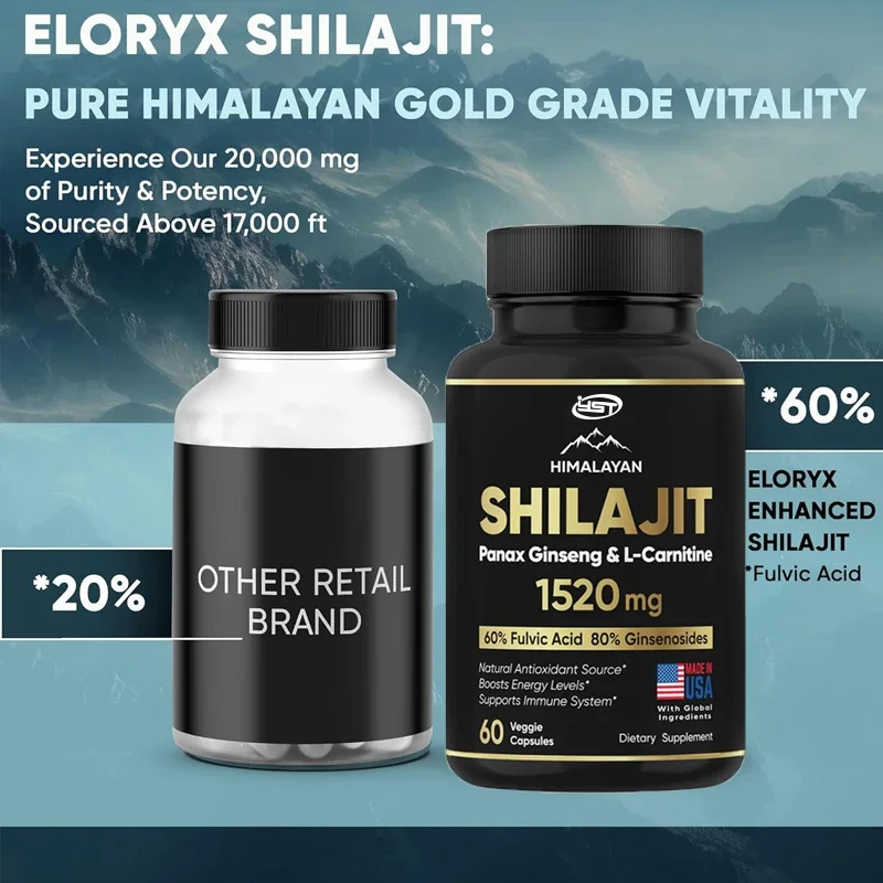 Pure Himalayan Shilajit Supplement 60 Capsules 60% Fulvic Acid 85 Trace Minerals Containing Ginseng and L-Carnitine