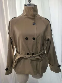 Belted Waist Cropped Trench Jackets Women Double Breasted Stand Collar Coats 2025 Autumn Chic Casual Vintage Jacket Women Cloth 6