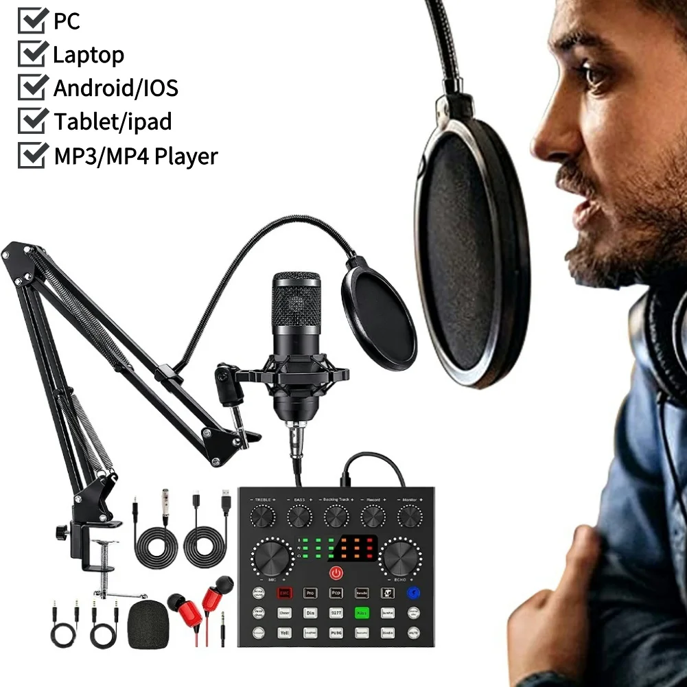 Podcast Microphone Bundle with BM800 Microphone and V8 Sound Card Metal Shock Mount for Recording Broadcasting Live Streaming