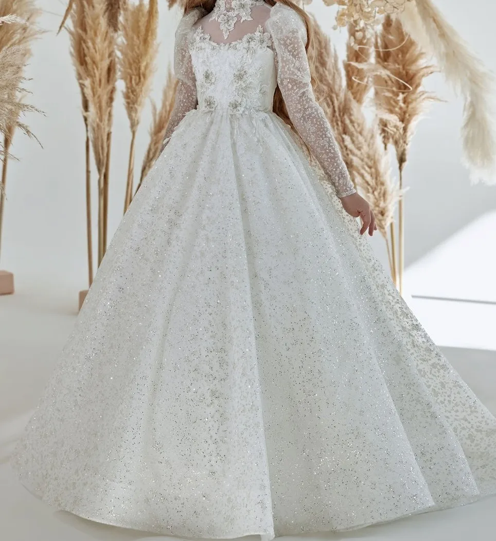 Vestido blanco elegante de princesa con flores para niña, con cinturón, bordado de encaje en el corpiño, vestido acampanado, minivestido de noche para dama de honor de boda