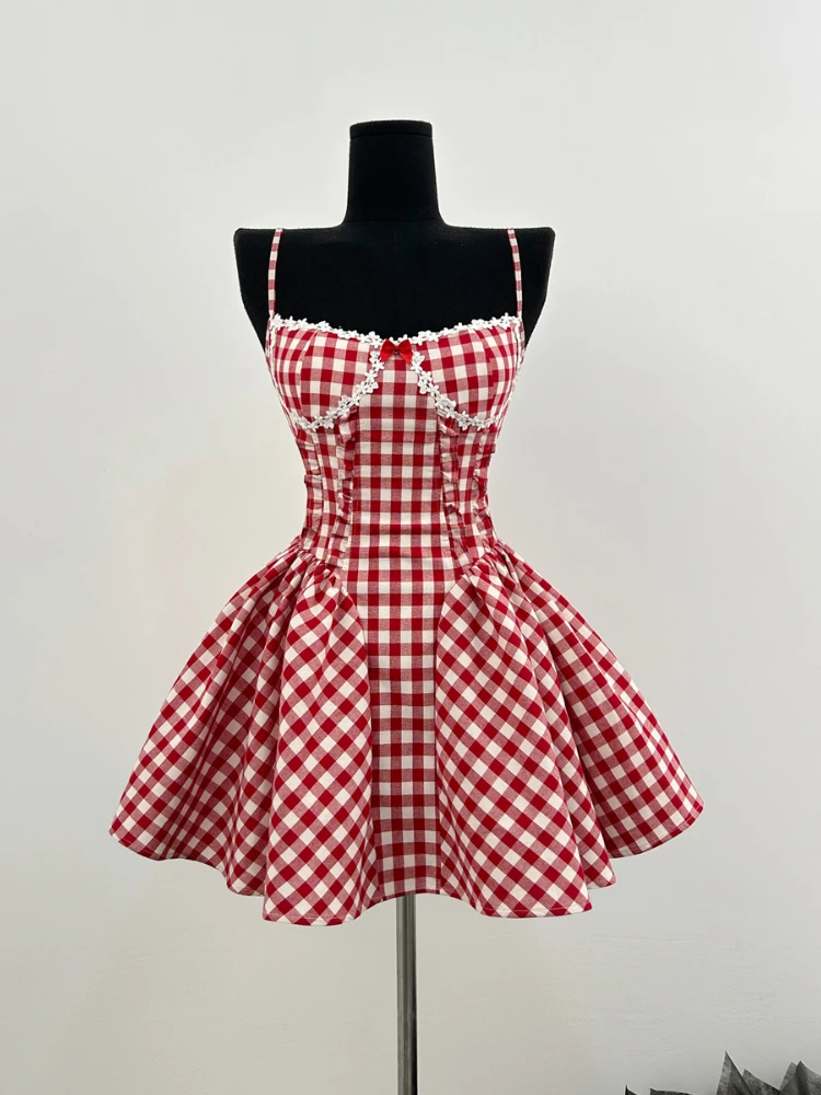 

Summer French Party Mini Plaid Dress Women 2000s Vintage Evening Short Dress Office Lady Frocks Japanese Fairy Kawaii Clothing