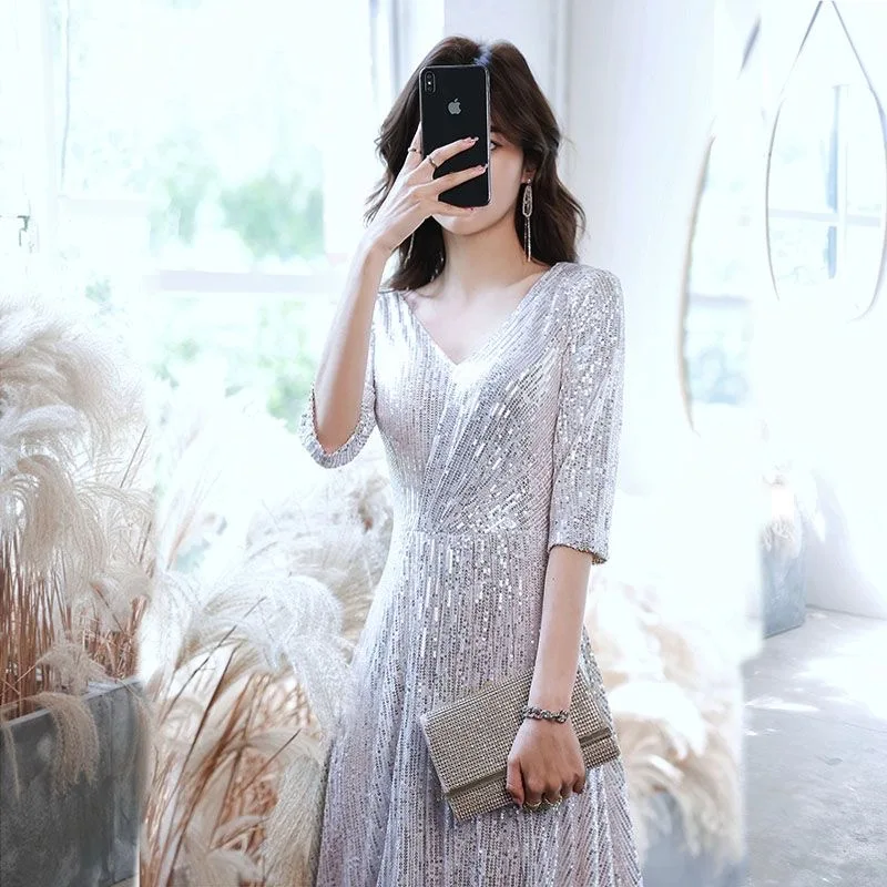 

Вечернее платье с серебряными пайетками, женское элегантное платье высокого класса для банкетного хора, длинное платье, роскошная летняя мода