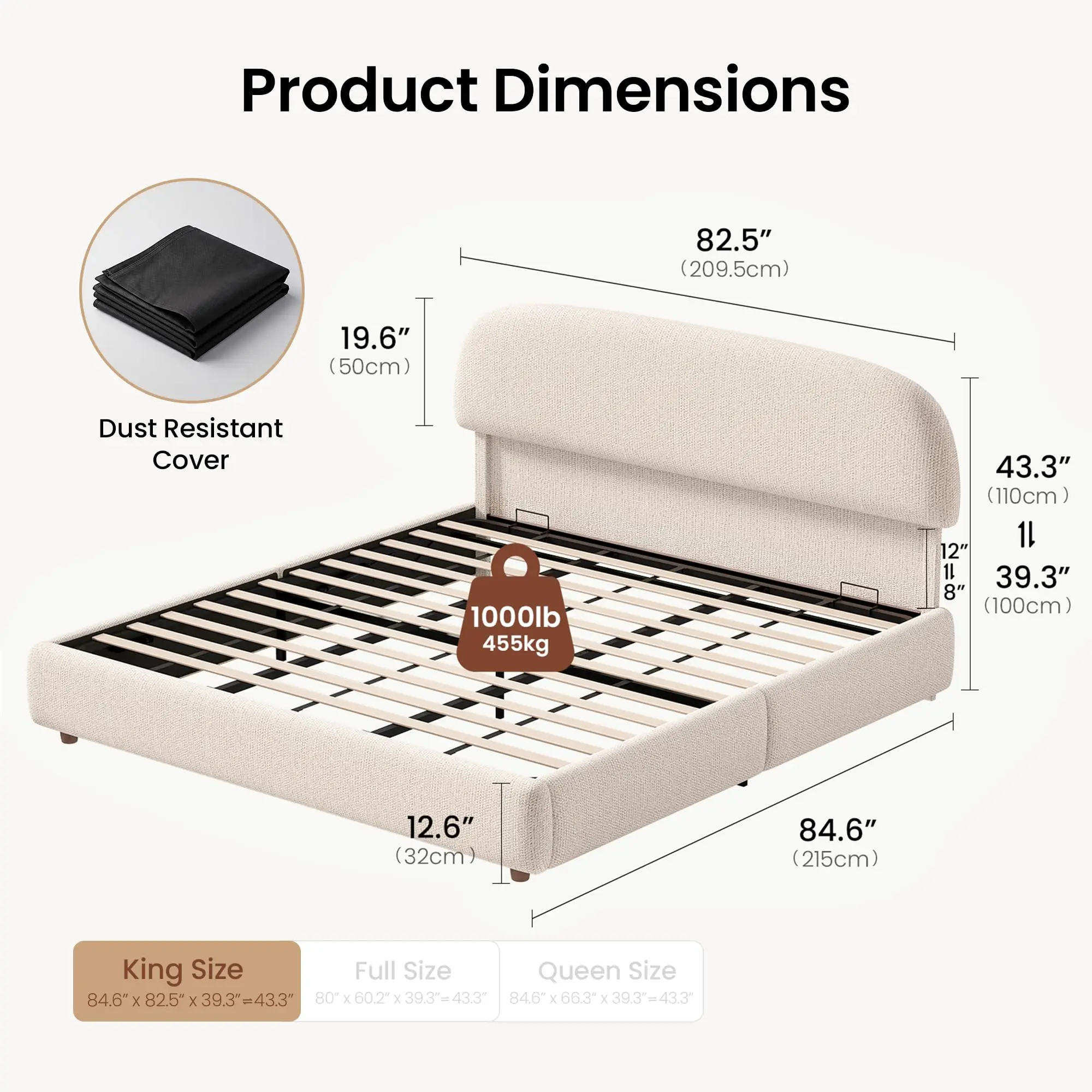 King Lift Up Storage Bed Frame with Adjustable Headboard, Beige