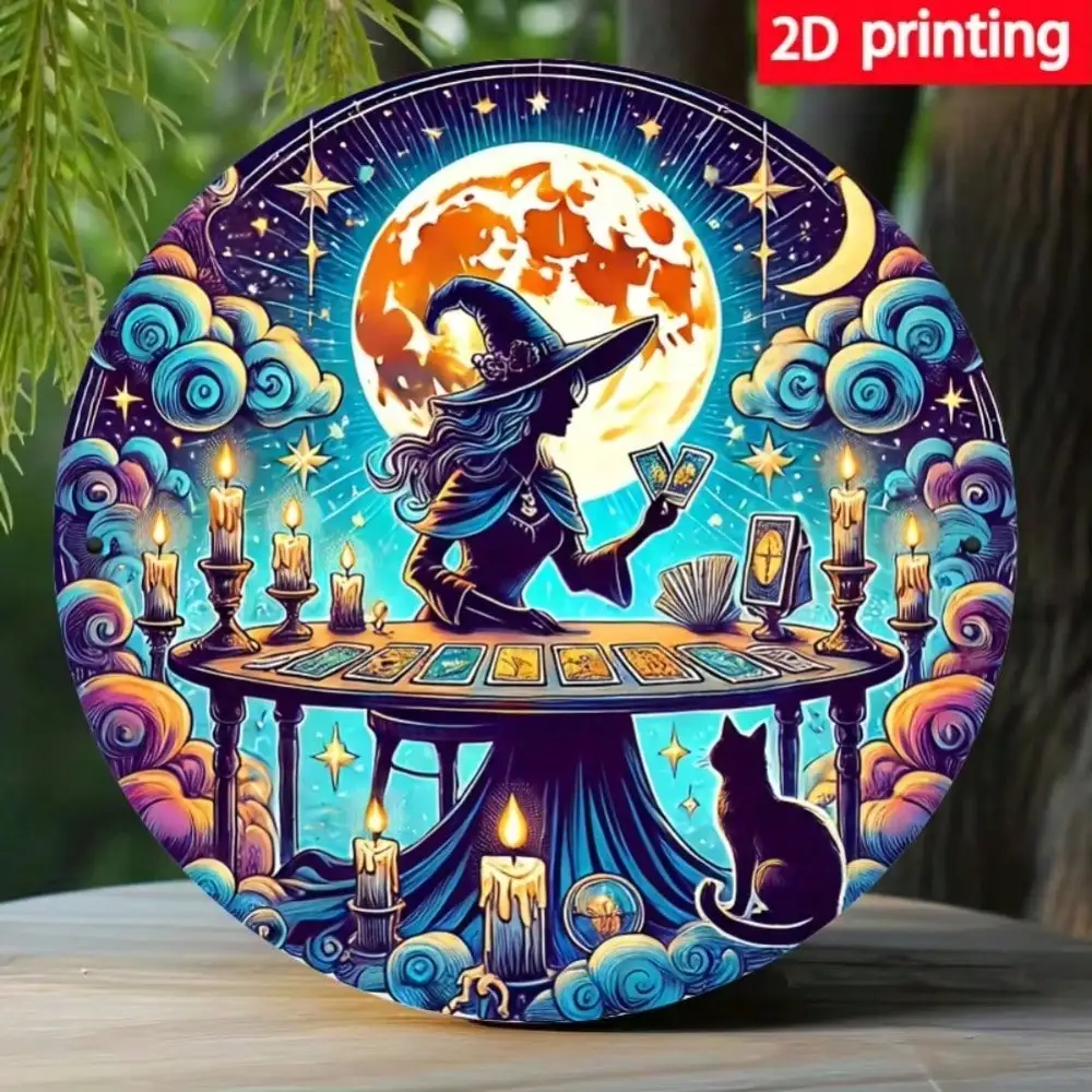 Witchy Halloween Fortune Telling 2D Flat High Definition Metal Wall Art Vintage Occult Witch with Tarot Cards Black Cat Candles