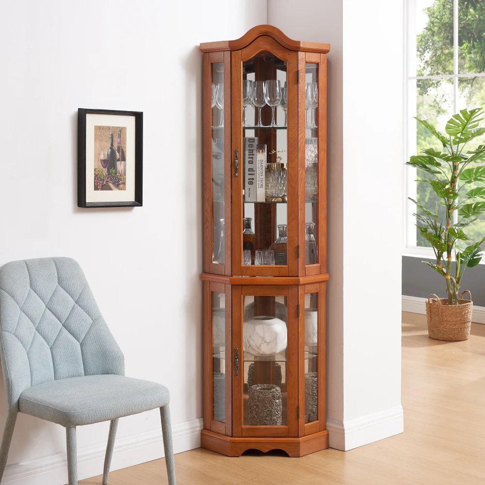 Curio Cabinet Lighted Glass Display Curio Cabinet W/Tempered Shelves, Crown Corner Cabinet with Bulb, Corner Storage Decoration