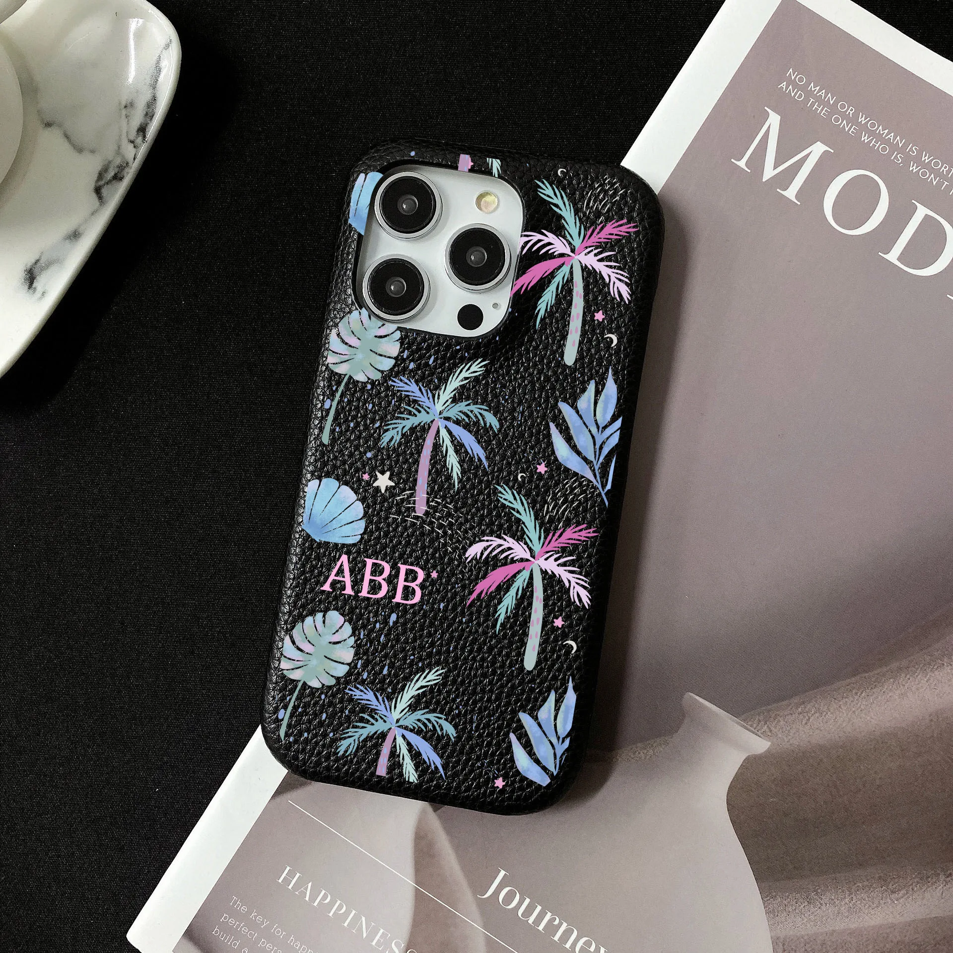 Personalised Customized Name Colored coconut trees Leather Case For iPhone 16 15 14 13 12 Pro Max Initials Letter Engraved Cover