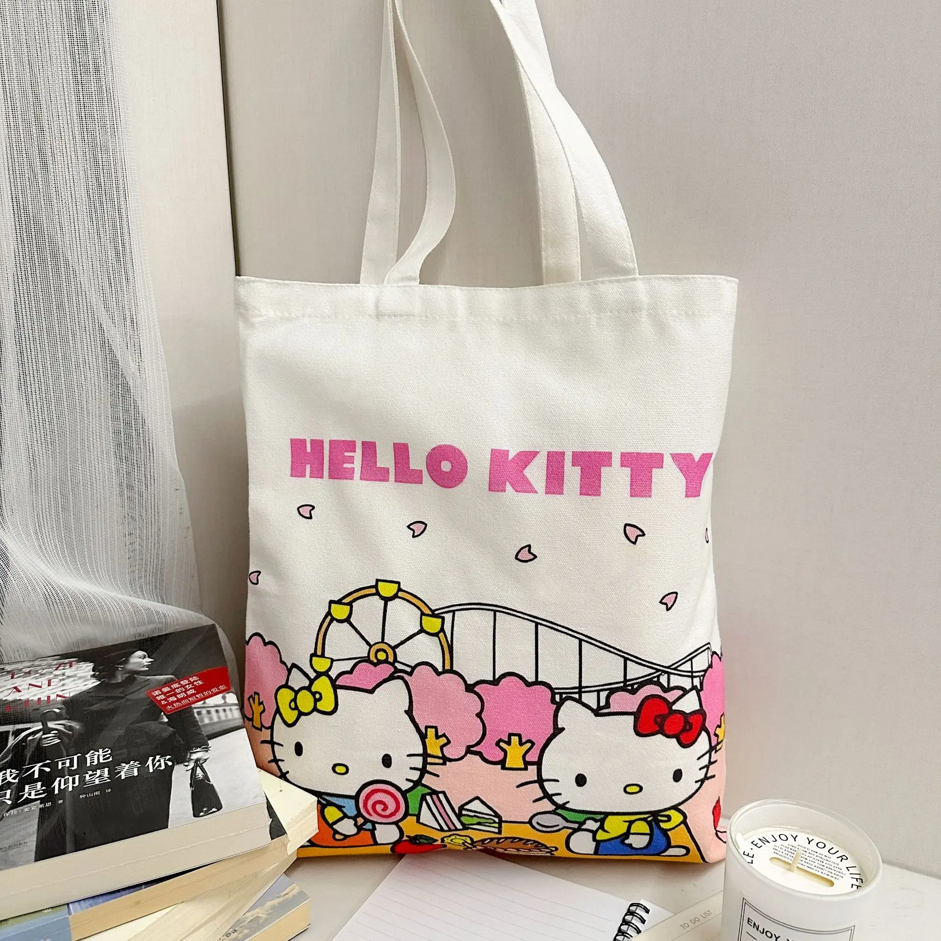 Hello Kitty Canvas Bag Cartoon Kate Cat Portable Shoulder Bag Japanese Light and Large Capacity Shopping Bag Travel Bag Gift Toy