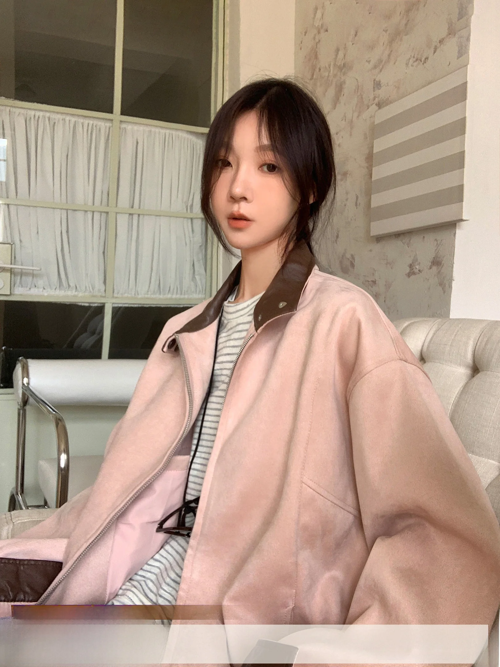 

Vs What Kangaroo Suede Air Layer Collar Jaet Women's Versatile Heavyweight Open Cardigan Outerwear Casual Loose Fit Zipper