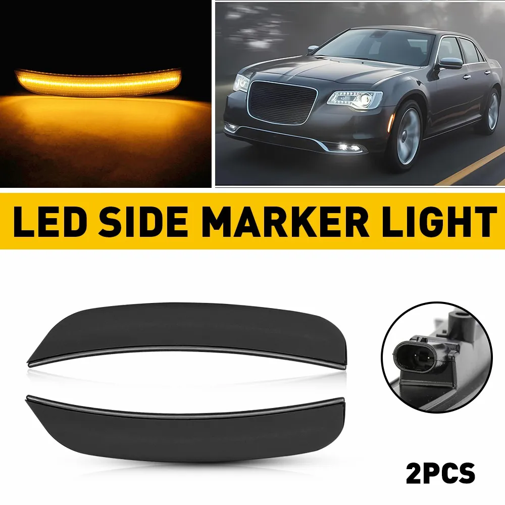 

2Pcs For Chrysler 300 2015-2023 Amber LED Side Marker Light Lamps Front Smoked Lens Bumper Fender Turn Signal Car Accessories
