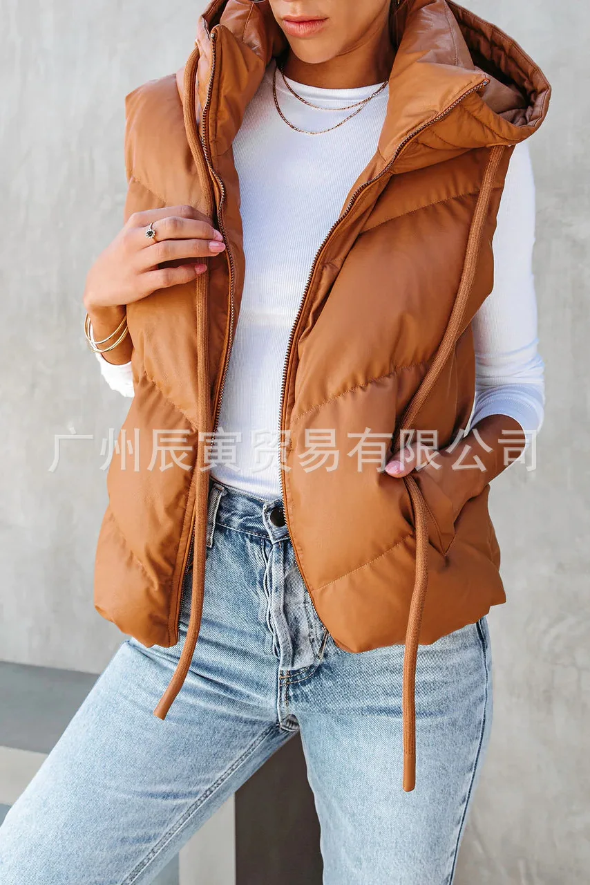 Women's Solid Color Hooded Padded Vest Loose Thickened Short Sleeveless Gilet Outerwear Elegant Commuter Comfort Casual Fashion
