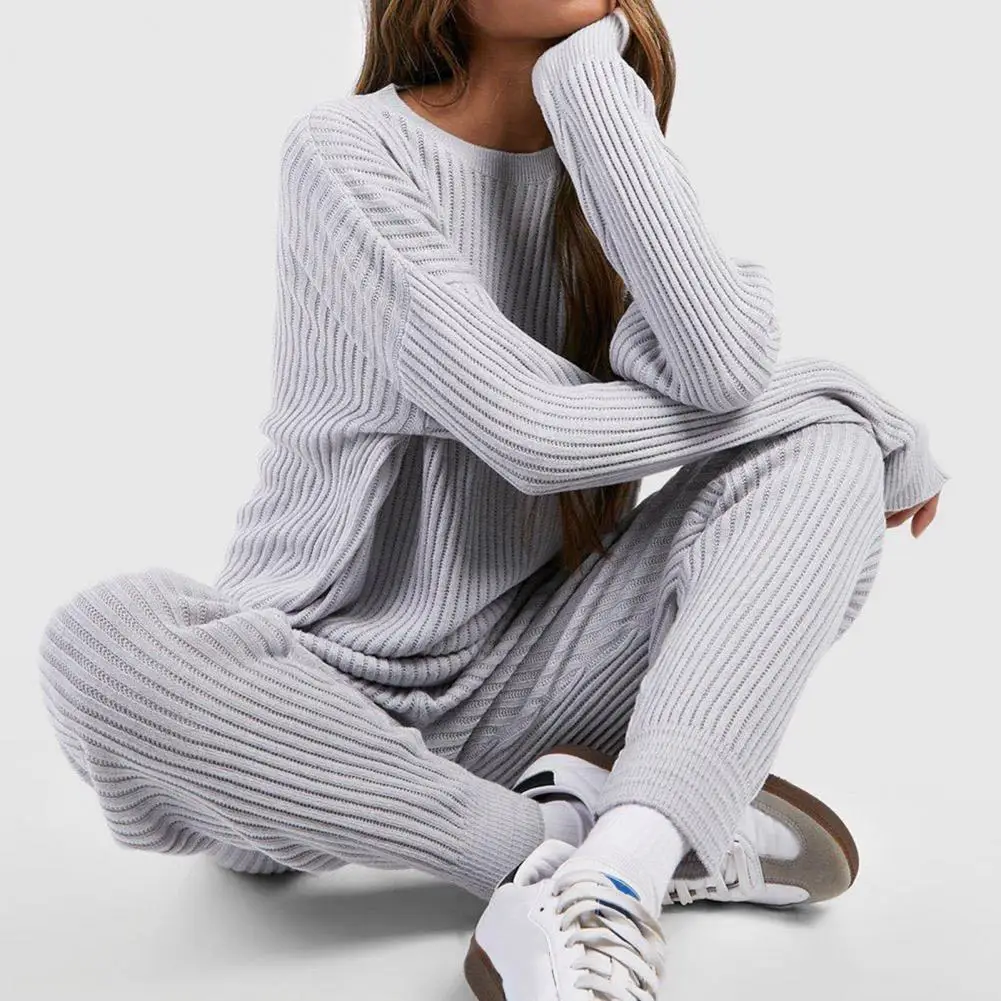 Lady Daily Outfit Women Spring Suit Women's Knitted Top Pants Set with Round Neck Long Sleeves Elastic Waist Plus Size for Daily