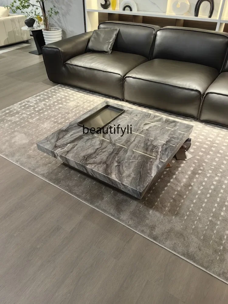 Q Italian Minimalist Designer Brown Natural Marble Square Coffee Table Living Room Stainless Steel Brushed Base