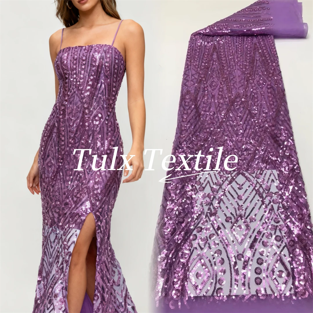 

Сиреневая высококачественная африканская тюлевая кружевная ткань с блестками и бисером, роскошная нигерийская сетчатая кружевная ткань для шитья женского свадебного платья