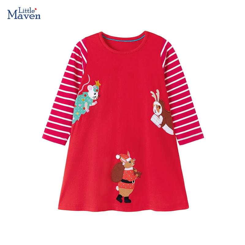 

Little maven Princess Costume Dress for Girls Long Sleeve Dress Christmas Animal Mouse Embroidery Children Costume Dress