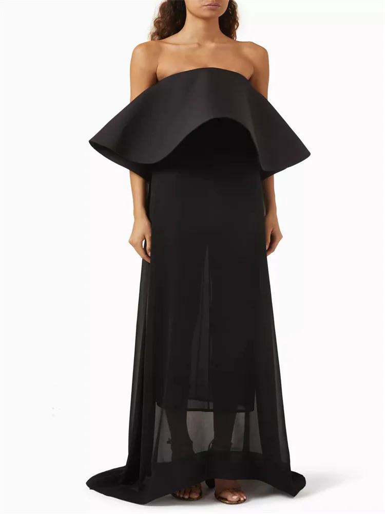 

Hot Selling Strapless Neckline Sleeveless Straight Chiffon Evening Dress Sexy Open Back Floor Length Sweep Train Gown For Women