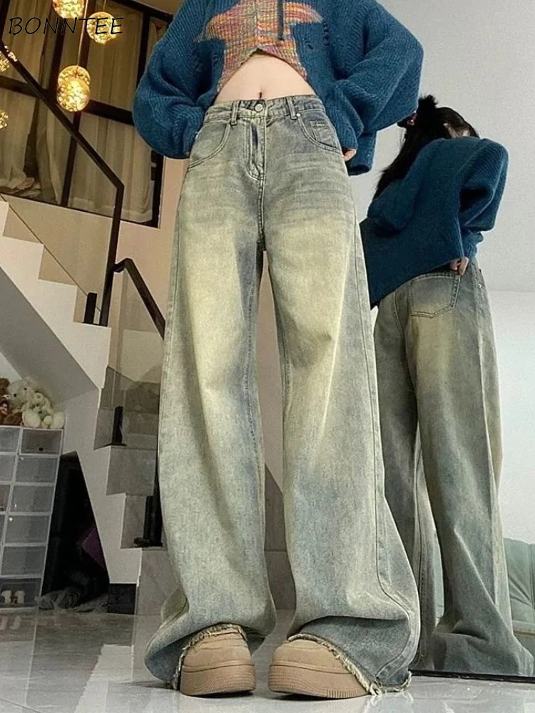 

Jeans Women Washed Retro Do Old Design American Style Youth High Waist Street Wear Loose Fashion Spring Autumn Mopping Trousers