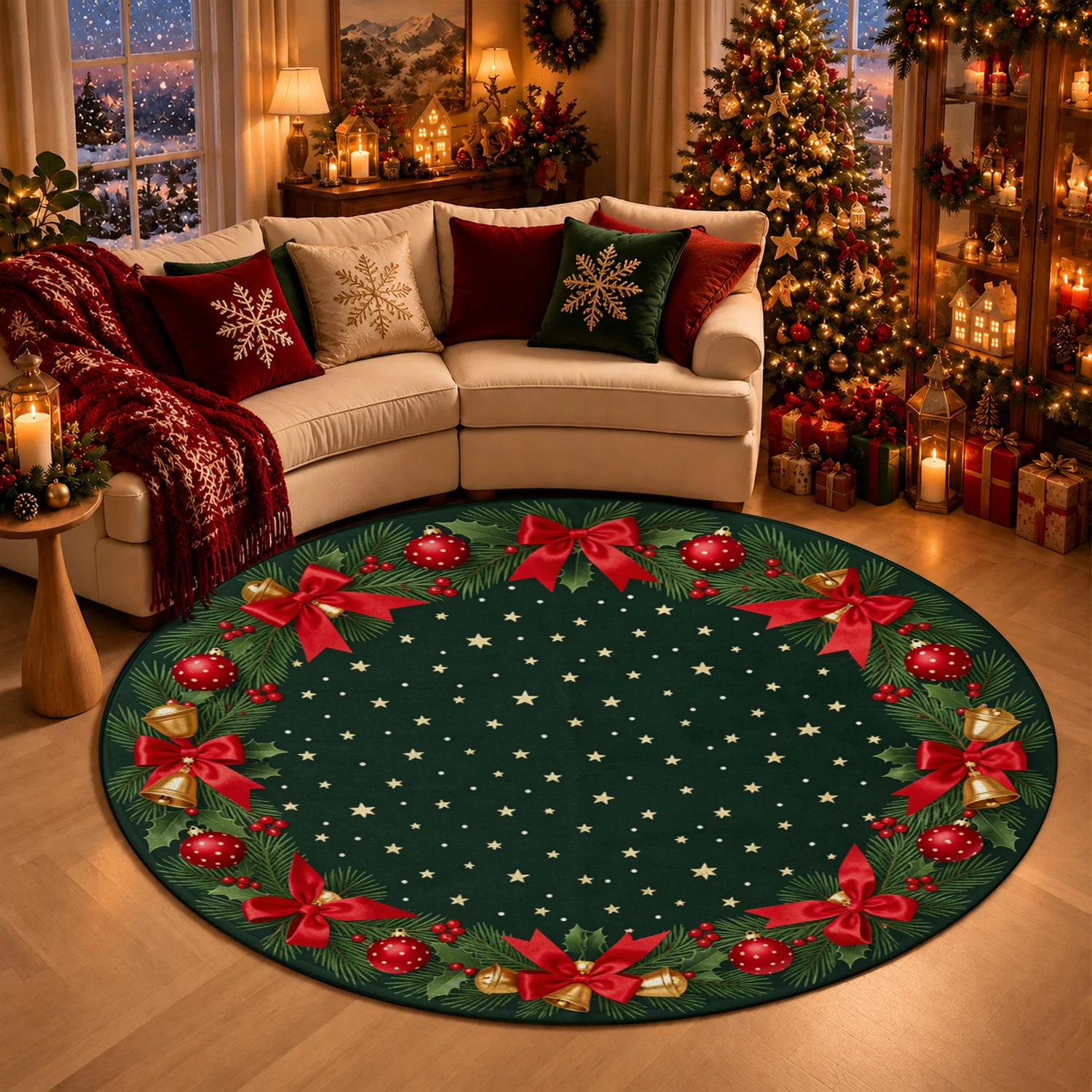 Christmas Pine Bow Bell Star Pattern Tree Skirt Velvet Machine Washable for Dining Table Living Room Holiday Party Halloween Thanksgiving Black Friday Cyber Monday Christmas New Year