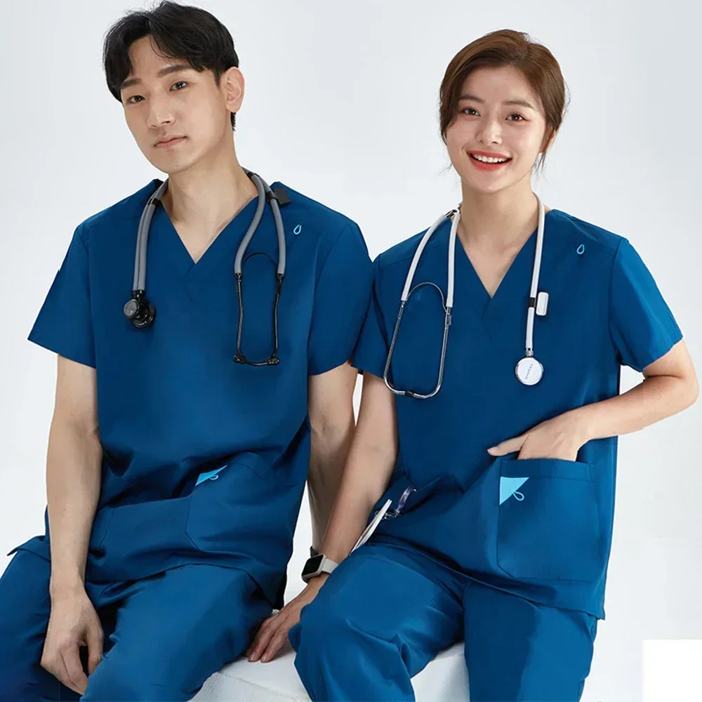 

Basic Pro Medical Uniform Scrub Sets Women Men 2 Piece V Neck Top Drawstring Pants Pro Heather Nursing Slim Tunic XSY-202