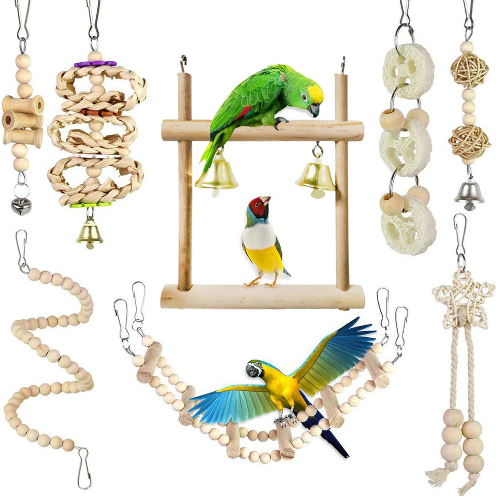 Jouets à mâcher pour perroquets, 8 pièces, jouets pour oiseaux, balançoire en bois, échelle souple, perles en bois, escaliers rotatifs pour calopsitte, Conure, Mynah