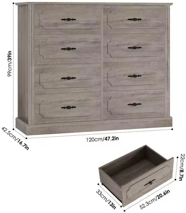 Grey Dresser Chest of Drawers, Farmhouse Dresser Wood Dresser 8 Drawer with Steel Handles, Modern Draw