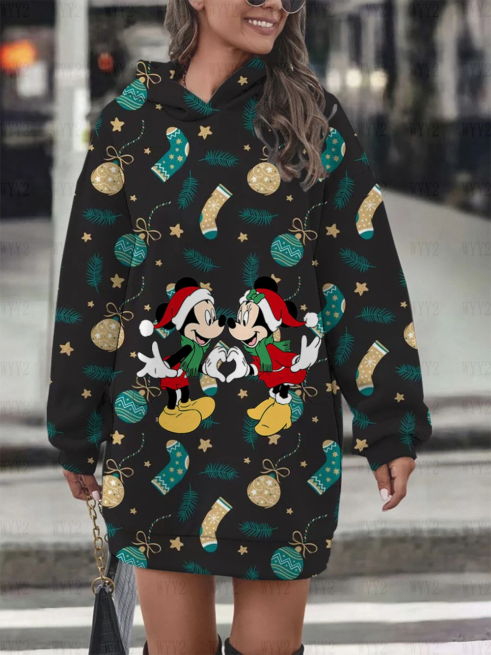 Disney Mickey Minnie print women\'s fashion autumn and winter sweater dress Christmas series hoodie long sleeve hooded dress