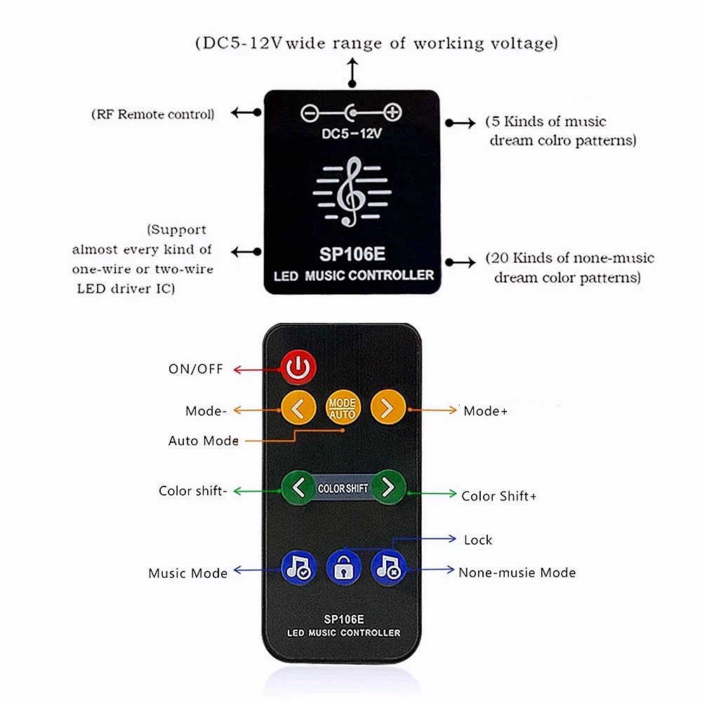 DC5-12V SP106E LED Music Controller With 9Keys Wireless ControI For 3Pin RGBIC WS2811 WS2812 SK6812 Addressable Light Strip