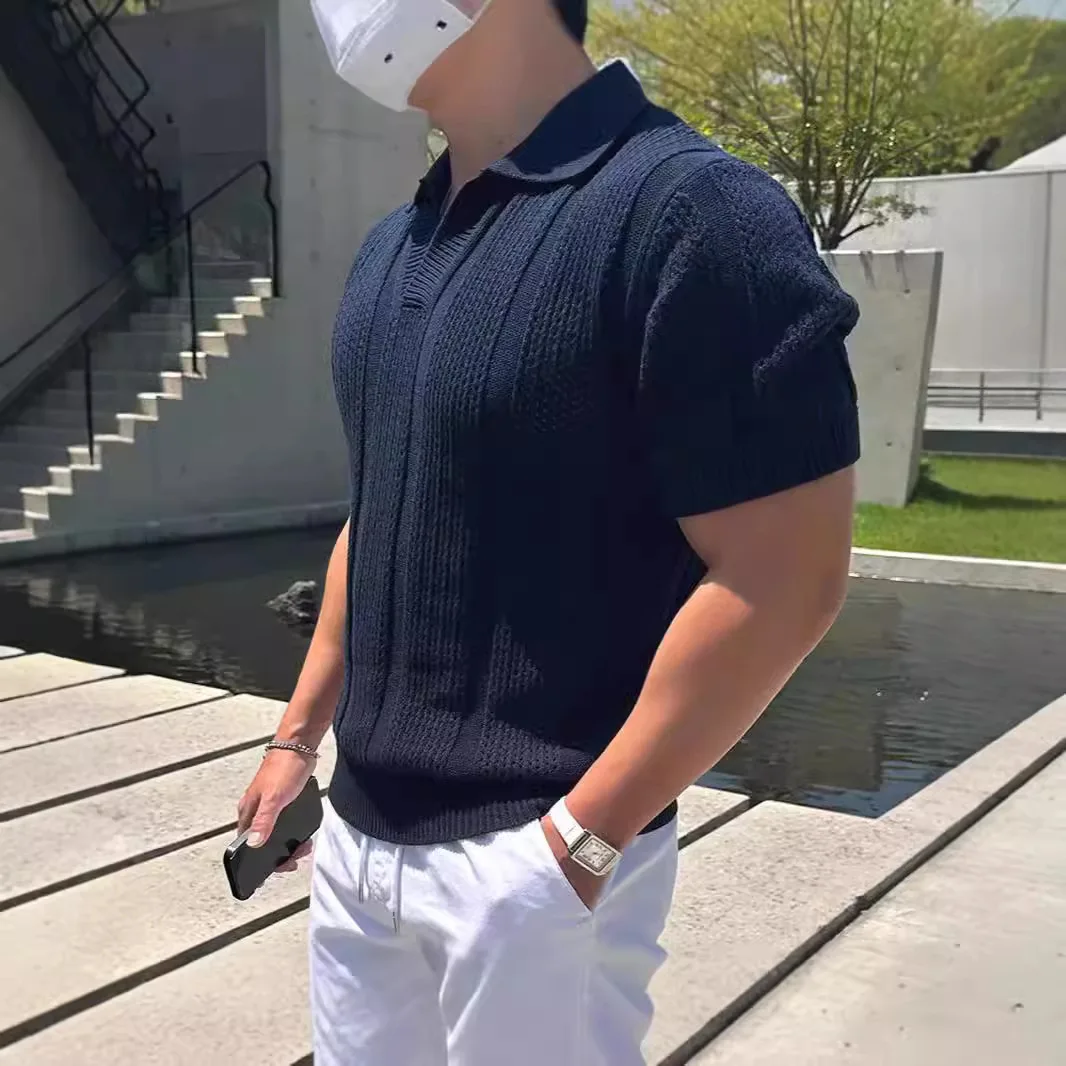 베이스 레이어 남성용 통기성 홀로우 아웃 셔츠 2026 봄 여름 실크 코튼 아이스 실크 메쉬 커프드 슬리브 니트 티셔츠