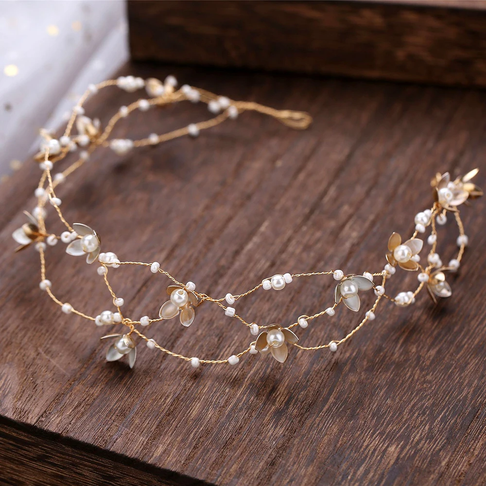 Forseven Flower Headbands Wedding Hair Accessories For Women Pearl Golden Beaded Hairbands Tiaras Bridal Gift Party Hair Jewelry