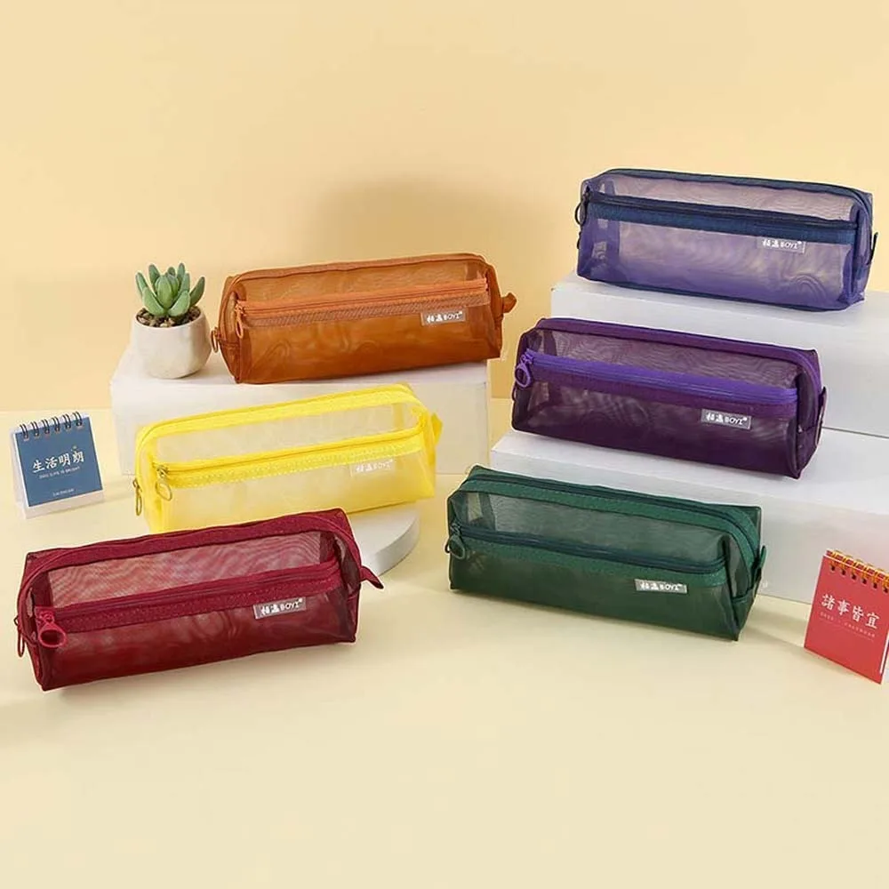 Stationery Double Mesh Pencil Bag Pen Box Coin Purse Cosmetic Storage Bag Transparent Large Capacity Zipper Pouch School Supply