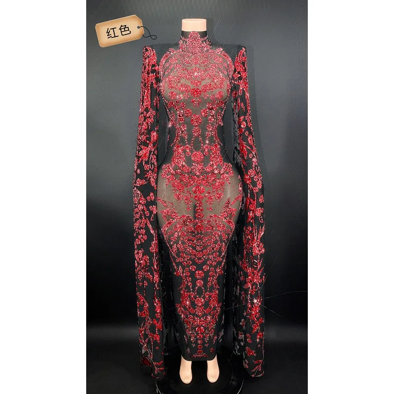 فستان أنيق برقبة عالية وحجر الراين الوردي وأكمام طويلة شبكي أسود من Vestidos Fiesta De Lujo Vestidos Largos رداء Soirée Femme Mariage