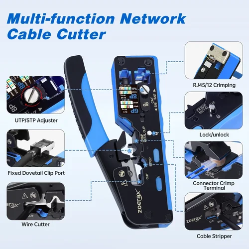 Imagen 2 del producto ZoeRax 5 en 1 RJ45 CAT7 CAT6A Kit de herramientas de red con herramienta de engarzado, mini pelacables, conectores CAT7, botas y cuchillas de alivio de tensión