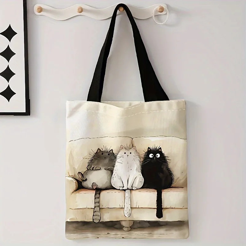 Cartoon Fluffy Three Kittens Pattern Print Casual Tote Bag Single Shoulder Shopping Bag Reusable Fashion Backpack Handbag