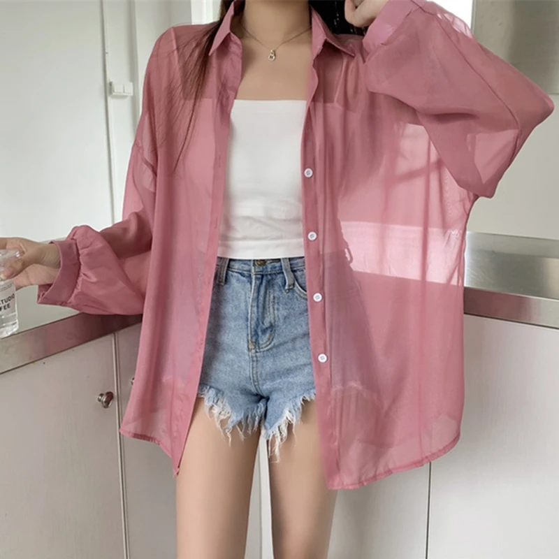 11 Colors See-Through Top Chiffon Cardigan Loose Long Shirt Women Lantern Sleeve Perspective Sunscreen Clothes Spring Summer